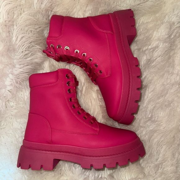 Tevos Fuchsia Lace Up Combat Boots - Picture 1 of 9